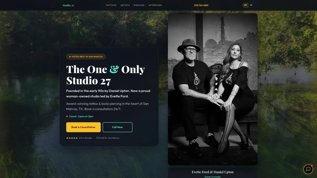 Studio 27 tattoo and piercing website, San Marcos TX